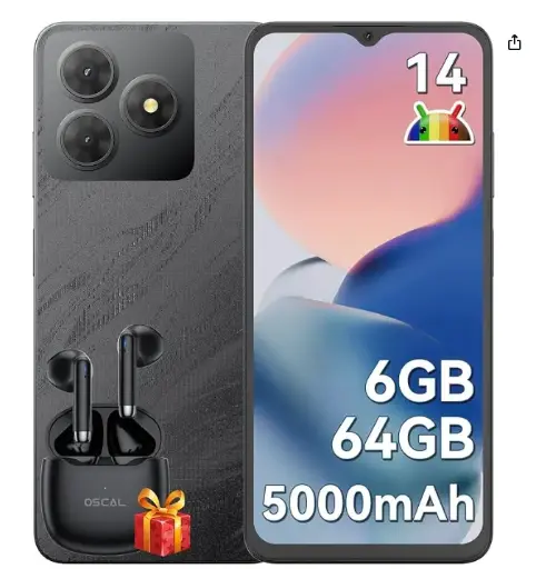 OSCAL 2025 Flat 2C Movil Android 14 6GB +64GB/2TB TF, 6.56" HD+ Smartphone + Auriculares Bluetooth (COMBO)