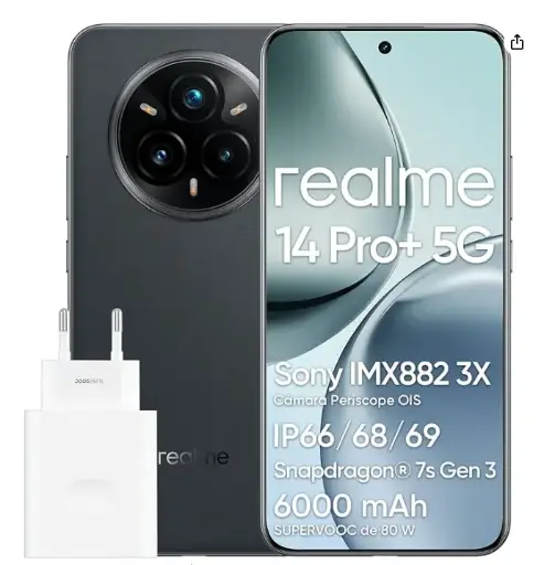 realme Teléfono móvil Android 14 Pro+ 5G 8GB+256GB, Smartphone de 6.83" + Transformador (COMBO)